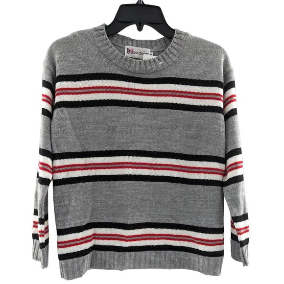 Girls Gray Striped Crewneck Knit Pullover Sweater - Picture 3 of 7